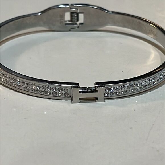 Thin H-Shaped CZ Bangle 316L see inside stamp slip on style hinge to open - Picture 4 of 7